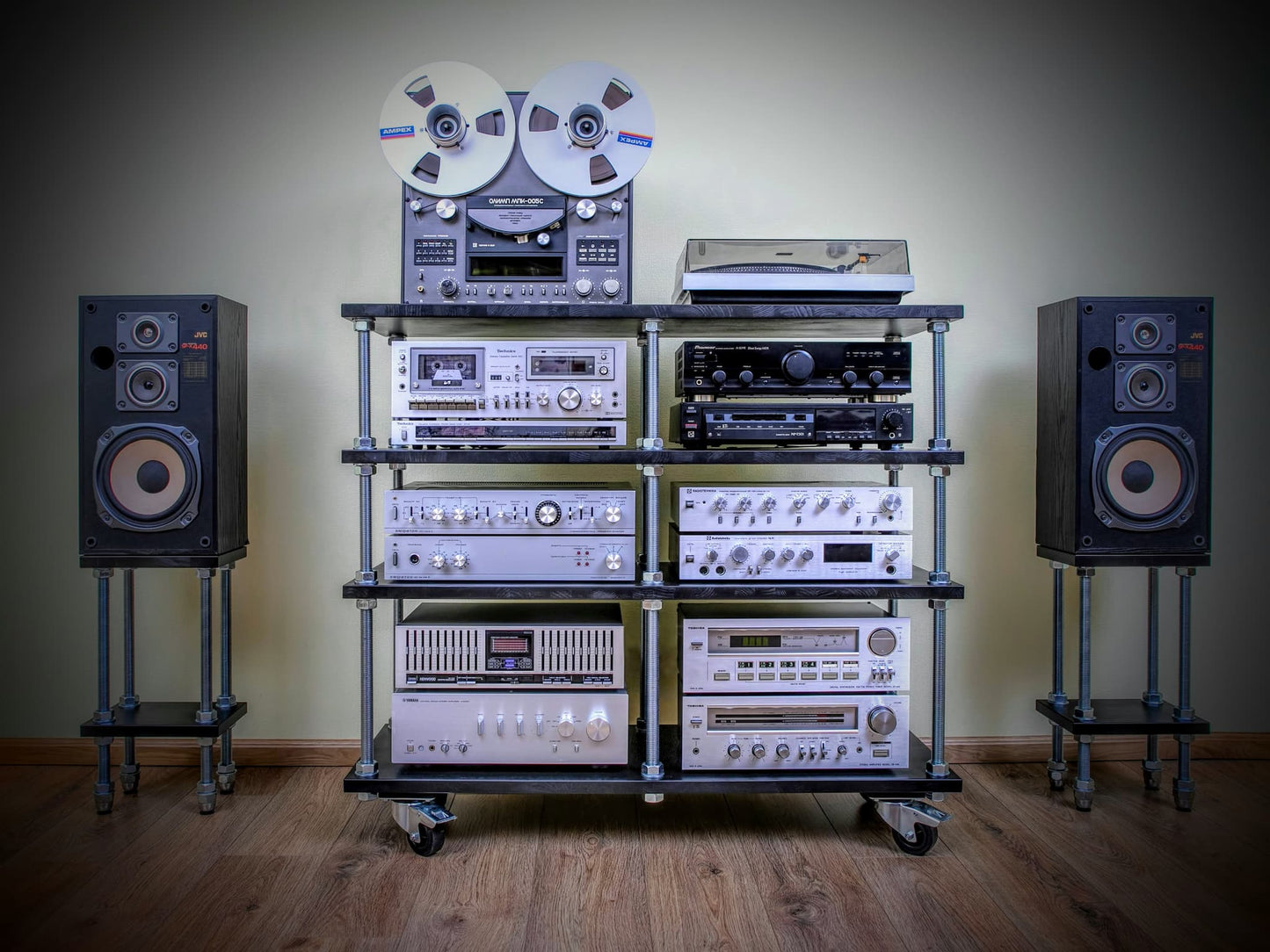 Double-Width Audio Rack on Wheels – Adjustable Hi-Fi Stereo Cabinet & Record Player Stand