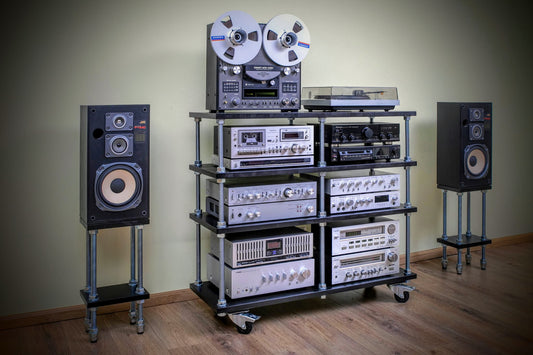 Double-Width Audio Rack on Wheels – Adjustable Hi-Fi Stereo Cabinet & Record Player Stand