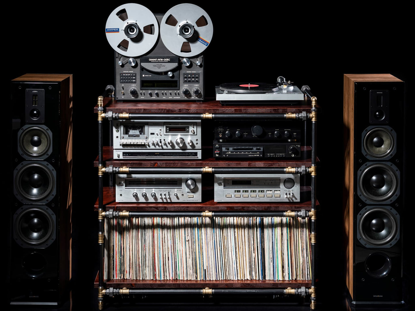Record Player Stand with Vinyl Storage Shelf - Industrial Pipe Turntable Console & Media Center