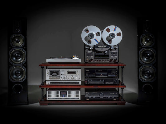 Low Profile HiFi Audio Rack – Adjustable Turntable Stand & Record Player Shelf | Heavy-Duty Stereo Component Console with Black Hardware