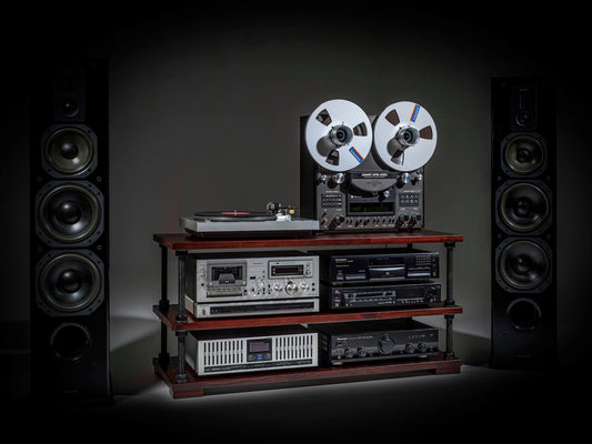 Low Profile HiFi Audio Rack – Adjustable Turntable Stand & Record Player Shelf | Heavy-Duty Stereo Component Console with Black Hardware